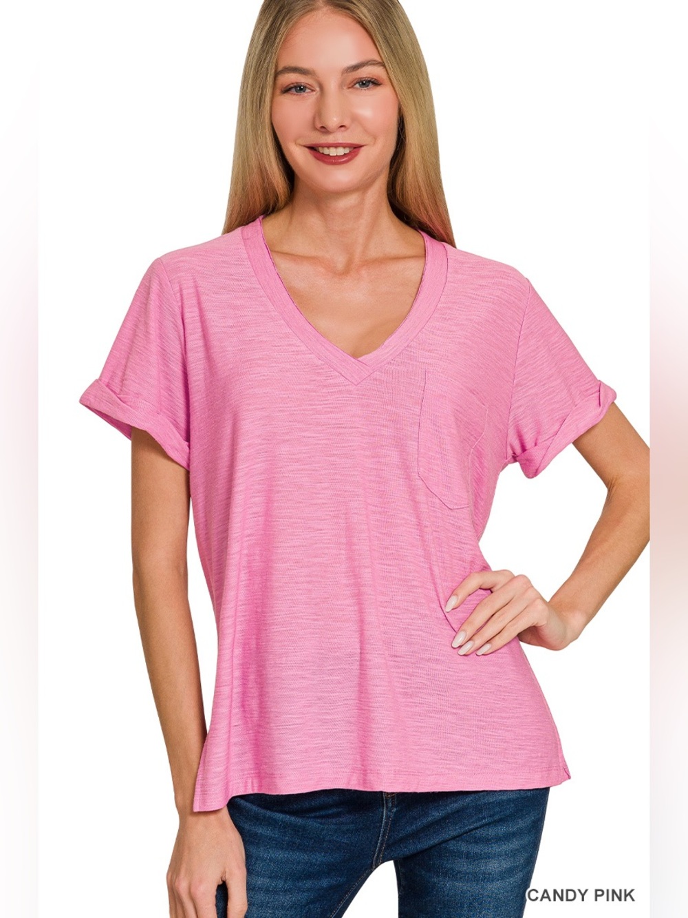 Zenana SLUB ROLLED SHORT SLEEVE V-NECK TEE